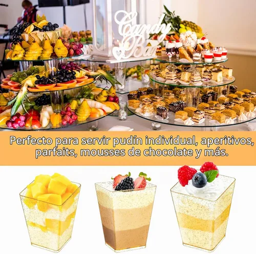 Vista 6 de 150 tazas de postre con purpurina dorada de 5 onzas con cucharas, sirve 50