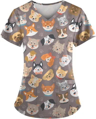 Vista 2 de Ropa quirúrgica para mujer, cuello en V, manga corta, estampada, talla grande, duradera, suave, elástica, con bolsillos