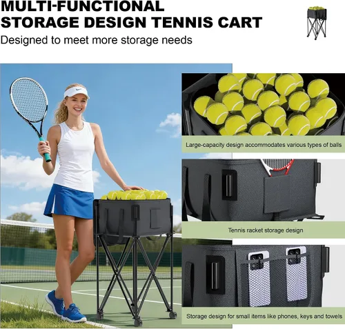 Vista 2 de Tolva de pelota de tenis para 120 pelotas, cesta de pelota de tenis con bolsa de almacenamiento extraíble, carrito de pelota de tenis con ruedas