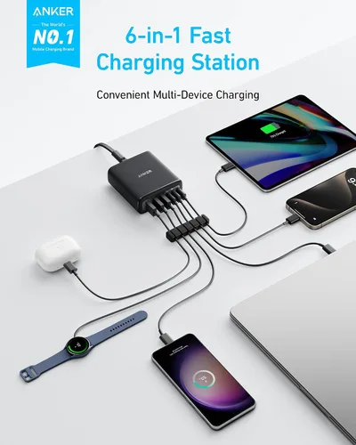 Vista 2 de Cargador de escritorio Anker, cargador USB C de carga rápida, estación de carga de 6 puertos con 112W máx, para iPhone 17, iPad, MacBook, Samsung