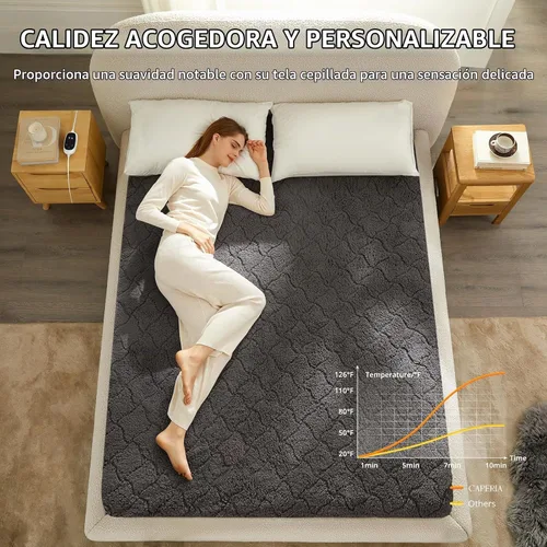 Vista 2 de Caperia Protector de colchón térmico individual, protector de colchón eléctrico con 9 ajustes de calor, función de memoria, calentamiento rápido Gris