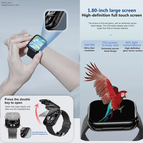Vista 2 de Tuanzi Reloj inteligente T1 2 en 1 con auriculares inalámbricos 1.8 pulgadas HD Fitness Tracker con monitor de frecuencia cardíaca 19 modos