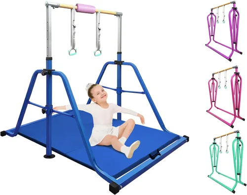 Vista 8 de Foldable Gymnastics Kip Bar with Rings & Bar Pad, 3 FT–5 FT Adjustable Horizontal Bar for Kids, 7-Level Height, 300 LBS Weight Capacity, Indoor Home