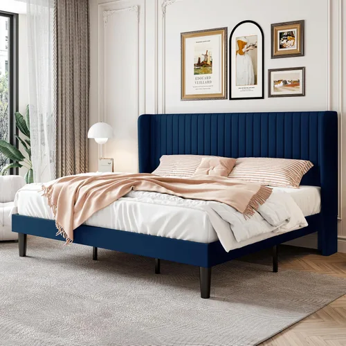 Vista 24 de SHA CERLIN - Marco de cama de terciopelo tamaño matrimonial, cabecera con alas copetudas, color negro 47'' Modern Vertical Channel Headboard