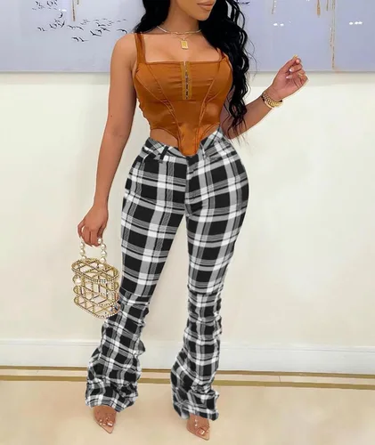 Vista 3 de ECDAHICC Pantalones vintage apilados a cuadros para mujer, estilo retro, de talle alto, a cuadros, acampanados, fruncidos