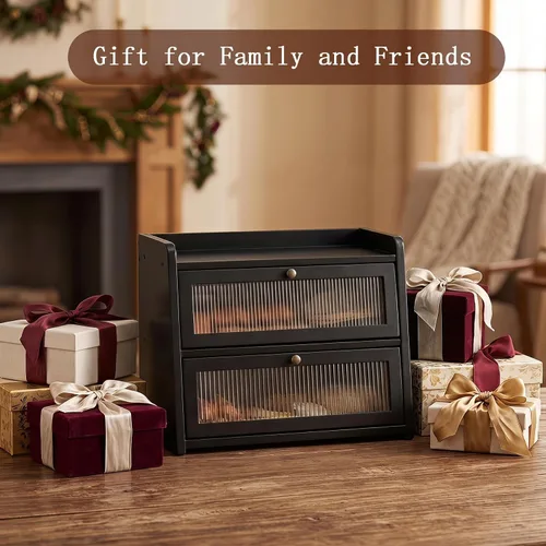 Vista 7 de Panera de bambú grande de doble capa para encimera de cocina, contenedor de almacenamiento de pan de gran capacidad de madera con soporte para pan