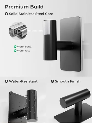 Vista 4 de GWAAZXGZ Ganchos para toallas de baño, paquete de 2, acabado negro mate, ganchos de pared adhesivos de acero inoxidable en forma de T para batas