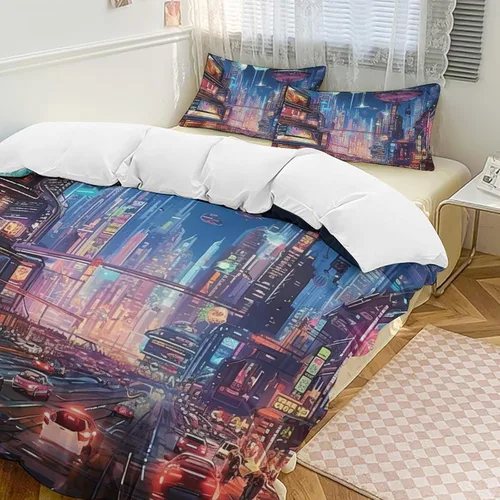 Vista 20 de Landscape Duvet Cover Full Size, Ultra Soft Microfiber Cityscape Bedding Set, 3 Pieces Night Scenery Pattern Comforter Cover Set with Zipper Closure