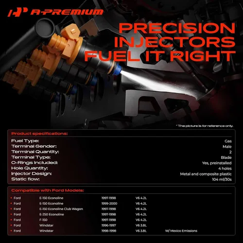 Vista 2 de A-Premium Juego de 6 inyectores de combustible compatibles con Ford F-150 1997-1998, E-150 Econoline 1997-2000, E-250 Econoline/E-150 Econoline Club