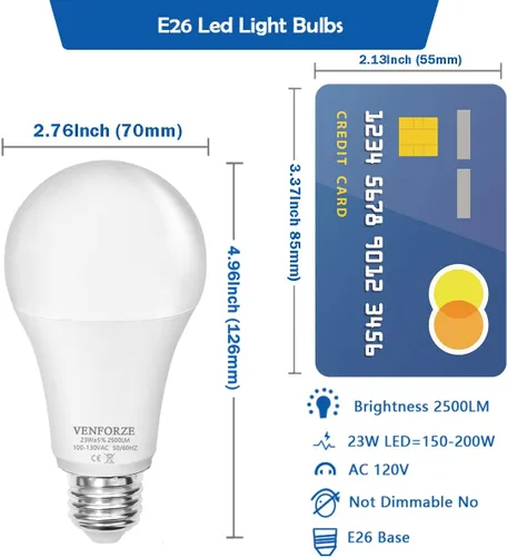 Vista 4 de Venforze Bombilla brillante, equivalente a 150 W-200 W, 2500 LM, E26, bombilla LED 23 W, luz diurna blanca, 5000 K, A21, no regulable, paquete de 2