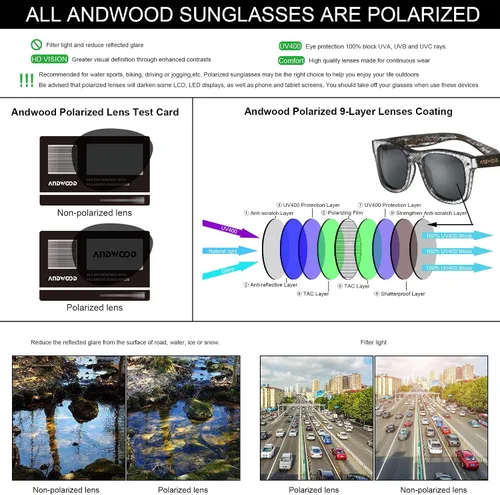 Vista 7 de ANDWOOD Gafas de sol de madera polarizadas para hombres y mujeres, protección UV, marco de bambú de madera, gafas de sol espejadas
