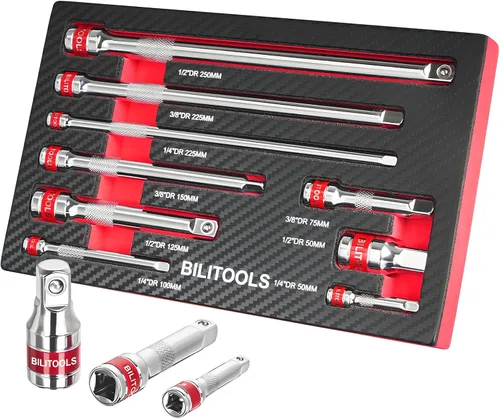 Vista 7 de BILITOOLS Juego de extensión articulada, 9 piezas de 1/4", 3/8" y 1/2" de encastre de trinquete de extensión flexible, acero Cr-V