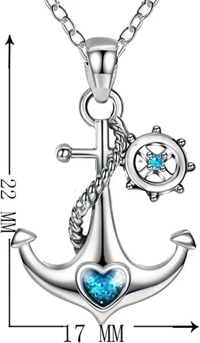 Vista 4 de JUFU 925 Collar náutico corazón del océano azul de plata esterlina ancla y timón., Base con chapado de oro, Azul, JUFU