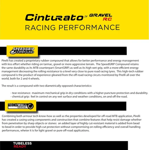 Vista 3 de Pirelli Cinturato Gravel RC Bike Tire, Gravel Racing, Clincher sin cámara TLR, velocidad y agarre, protección avanzada de pinchazos, (1)