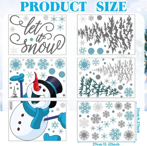 Vista 2 de Soaoo 63 calcomanías de pared de invierno, calcomanías de copos de nieve, calcomanías extraíbles de muñeco de nieve de Navidad, arte de pared