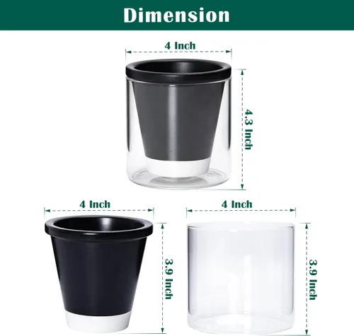 Vista 3 de D'vine Dev Maceta de Diseño de Riego Automático de 4 Pulgadas para Plantas de Interior, Maceta de Terracota Negra con Vaso Cilíndrico de Vidrio