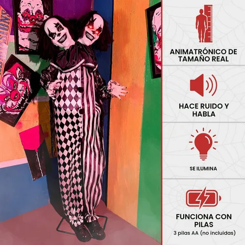 Vista 5 de Haunted Hill Farm - Payaso animatrónico de dos cabezas que habla aterrador de 5.5 pies Life-Size 5.5-Ft Talking Two-Headed Clown, Touch Lights and