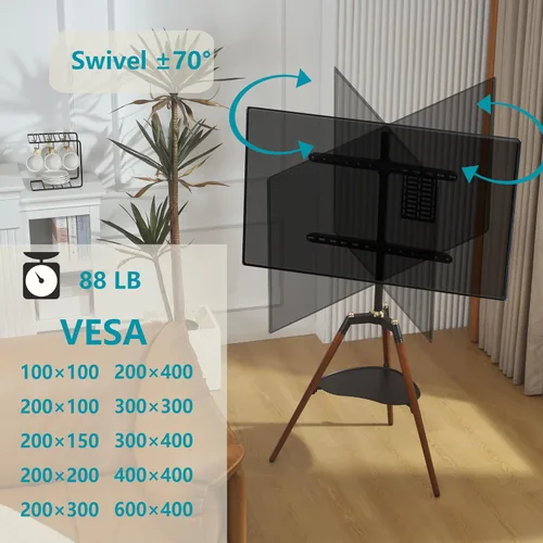 Vista 7 de ETHU - Soporte de TV con caballete con placa para TV de 32 a 65 pulgadas Trípode ajustable en altura con bandeja, soporte de TV de esquina