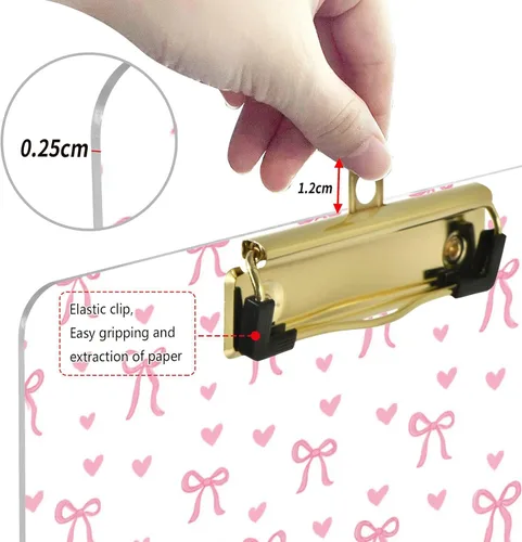 Vista 4 de Gredecor Portapapeles de lazo de lazo rosa estético para oficina, escuela, enfermería, acrílico para letras A4 estándar, 9 x 12.5 pulgadas, con clip