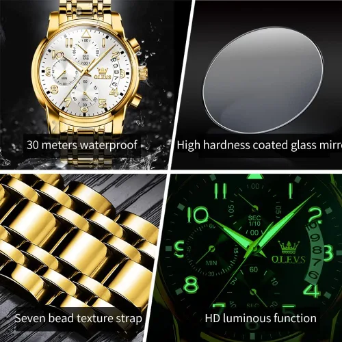 Vista 5 de OLEVS Reloj de pulsera ajustable de acero inoxidable impermeable con cronógrafo de cara grande reloj analógico de moda de negocios reloj de pulsera