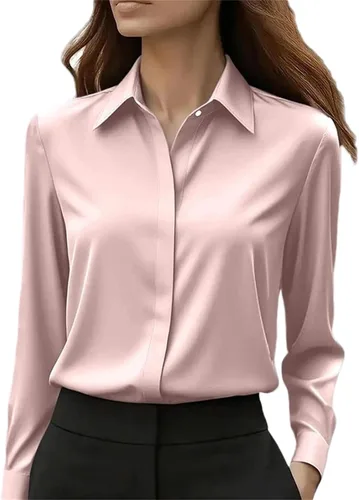 Vista 4 de Camisa de oficina de manga larga para mujer, cuello con botones, blusa formal sólida