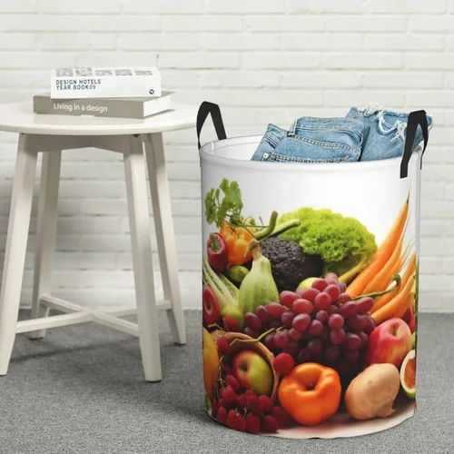 Vista 8 de Cesta circular con estampado de verduras y frutas, impermeable, cesta organizadora de ropa, con asas, para ropa, juguetes, pequeña