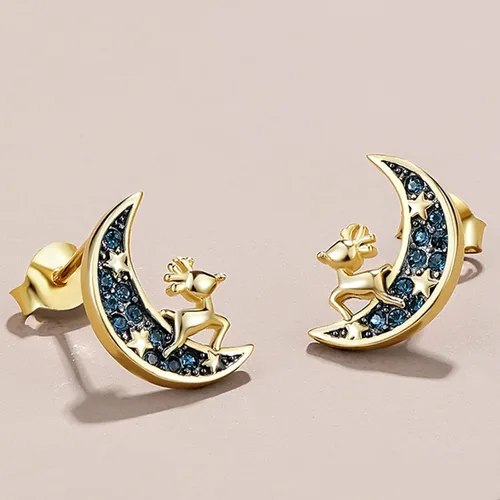 Vista 4 de Pendientes de tuerca de luna aretes de oro aretes de plata de ley ciervos cervatillos bonitos aretes de estrella para mujer con caja de regalo