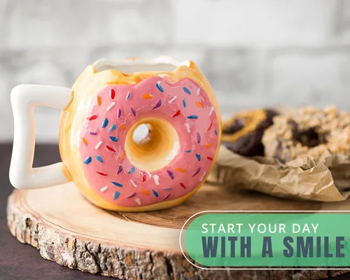 Vista 4 de Comfify Taza de cerámica con forma de dona – Esmalte rosa con chispas – Divertida cita "MMM... Donuts!" – Taza de café de 14 onzas para té