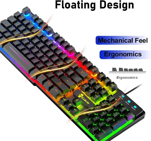 Vista 8 de Teclado de juego 5 en 1 con cable para auriculares y altavoz Combo con retroiluminación multi RGB ergonómico de 104 teclas de micrófono ajustable