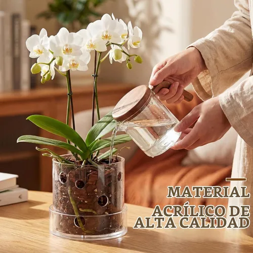 Vista 5 de Maceta de orquídea acrílica transparente de 4 pulgadas con agujeros redondos de 360° y bandeja
