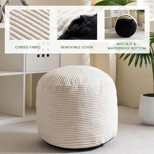 Vista 3 de HIGOGOGO Puf Otomán Redondo Relleno, Pufs de Pana con Relleno de Trozos de Espuma, Puf Peludo y Esponjoso Reposapiés Otomán de Almacenamiento, 20 X