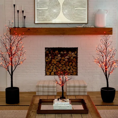 Vista 10 de Nearly Natural Árbol de otoño artificial de ramita negra preiluminado de 6 pies con 300 luces LED naranjas y moradas