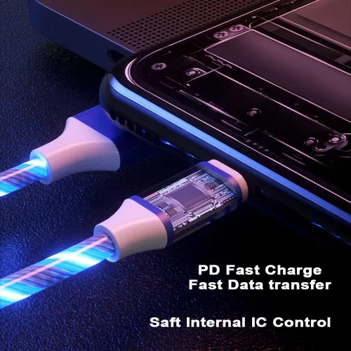 Vista 5 de IHAO Cable de carga multipuerto, 3 combinaciones en un cable USB A a USB C/Micro USB PD, cable de carga rápida iluminado LED que fluye compatible
