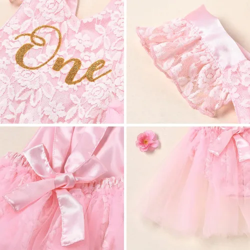 Vista 6 de Traje de primer cumpleaños para niña con volantes manga corta encaje floral vestido de tul diadema de corona sesión de fotos