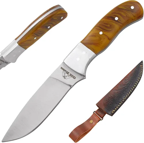 Vista 14 de Collection - Cuchillo de caza de hoja fija resistente, cuchillo afilado de acero inoxidable para exteriores con funda de cuero (BLP-2028)