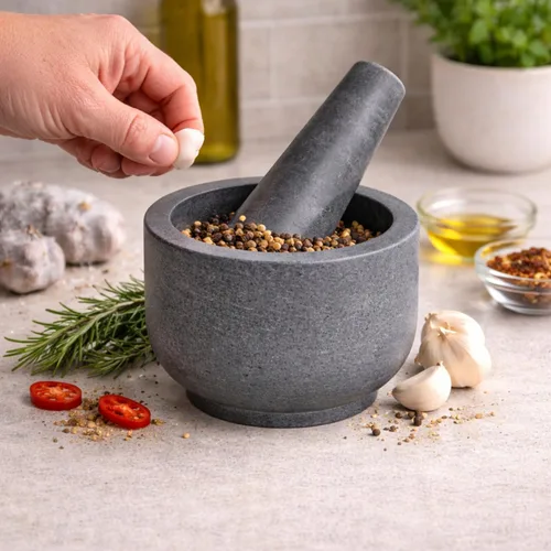 Vista 4 de Juego de mortero y mano de piedra de mármol, para moler especias, preparar pesto, machacar hierbas, triturar pastillas, tamaño regular