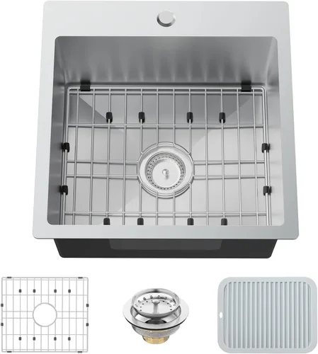 Vista 11 de Fregadero de cocina y bar negro de 15 x 17 pulgadas, fregadero de acero inoxidable con rejilla SS, alfombrilla de silicona, colador, colador
