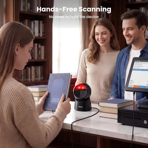 Vista 5 de Eyoyo Escáner de código de barras USB 2D, escáner de código QR omnidireccional automático de escritorio manos libres, lector de código de barras