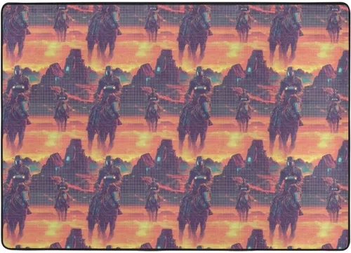Vista 7 de Cyber Retro Western Cowboy Print Area Rugs for Living Room Bedroom, Washable Soft 5x7 Throw Area Rugs Non Slip Carpet for Bedroom Decor Aesthetic
