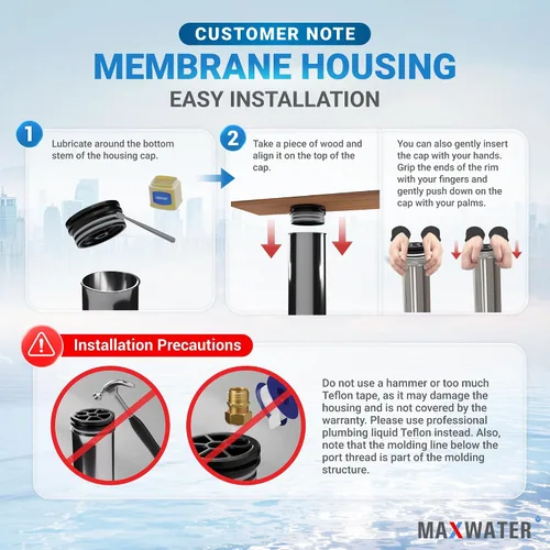 Vista 7 de Max Water Elemento de carcasa de acero inoxidable 2540 de membrana de 2.5" x 40" - Acero inoxidable 304, puertos de alimentación y drenaje NPTF
