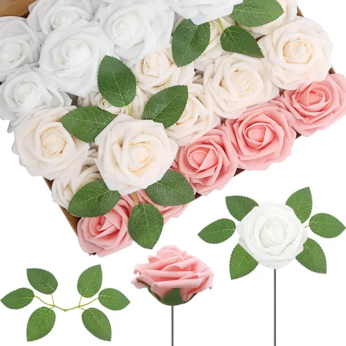 Vista 18 de 25 rosas realistas negras, flores artificiales de espuma de látex con tallos flexibles y 8 hojas para decoración de bodas, hogar y fiestas Negro