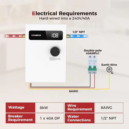 Vista 7 de CAMPLUX Calentador de Agua Eléctrico Sin Tanque de 8kW 240 Voltios, Calentador de Agua Caliente Instantáneo Bajo Demanda con Automodulación