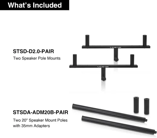 Vista 3 de Sound Town 2-Pack Set de Montaje de Poste Dual para Altavoces, Postes Extendidos de 20" para Subwoofer/Altavoces con Adaptadores M20 y 35mm
