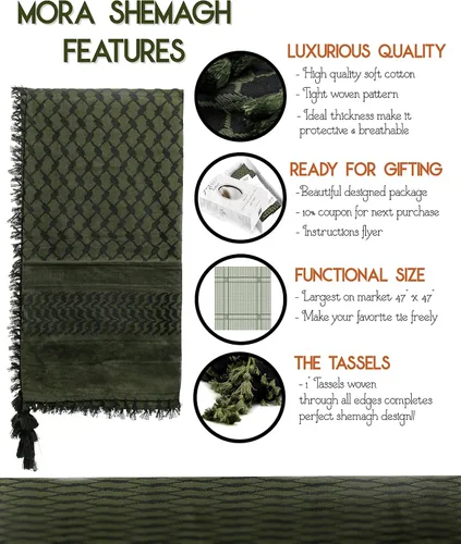 Vista 3 de MORA Premium Shemagh Scarf - Beautiful Gift Box - Large Arab Tactical Military Desert Head Neck Keffiyeh Wrap with Tassels