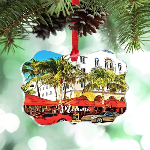 Vista 16 de Florida USA - Adornos de Navidad acrílicos de Miami, paisaje urbano, decoraciones de Navidad para árbol de viaje, recuerdo, adornos de Navidad