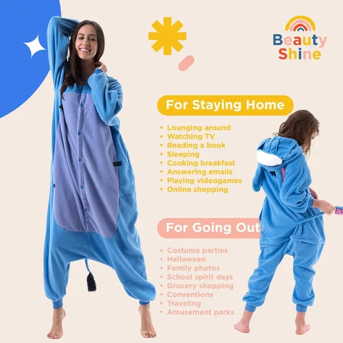 Vista 4 de Beauty Shine Disfraz unisex de dibujos animados para adultos, para Halloween, Navidad, pijama, mameluco de felpa para cosplay