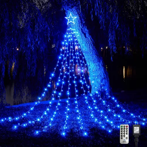 Vista 14 de WBao 344 luces LED de Navidad para decoración al aire libre con estrella de 12 pulgadas, luces de Navidad de cascada de 11.9 pies, control remoto, 8