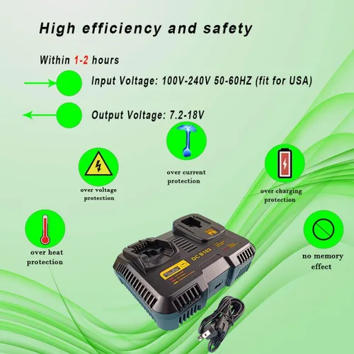 Vista 5 de Compatible con cargador Dewalt, combinación de doble puerto, carga rápida (DCB103), compatible con batería NI-CD y NI-MH de litio de 9.6V-20V