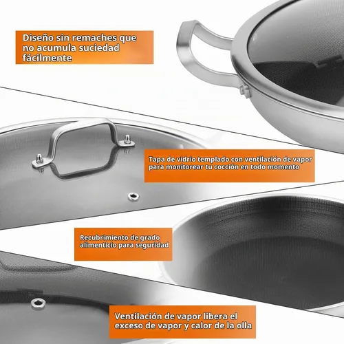 Vista 7 de Yeksum - Sartén de acero inoxidable de tres capas para paella, sartén grande con tapa (acero inoxidable híbrido, 12 pulgadas)