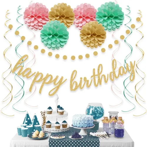 Vista 5 de Decoraciones de feliz cumpleaños rosa y dorado – Cartel dorado de feliz cumpleaños, flores con pompones, guirnalda de puntos circulares brillantes